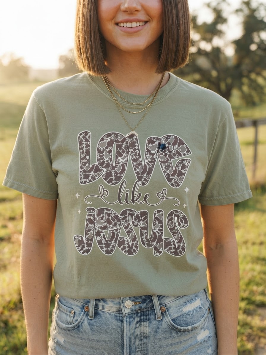 Love Like Jesus Camo.Print Graphic Tee